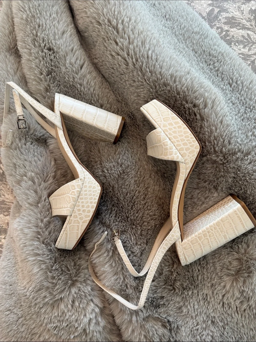 Vince Camuto Cream Croc-Embossed Platform Block Heels